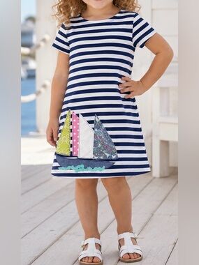 J. Khaki Girls 4T Nautical Sailboat Tshirt Dress Navy White Striped Coastal